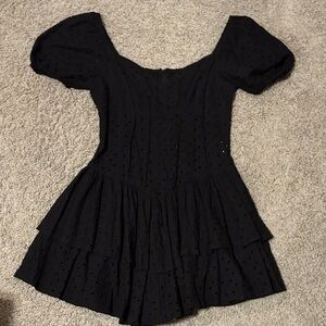 Black Eyelet Puff Sleeve Mini Dress